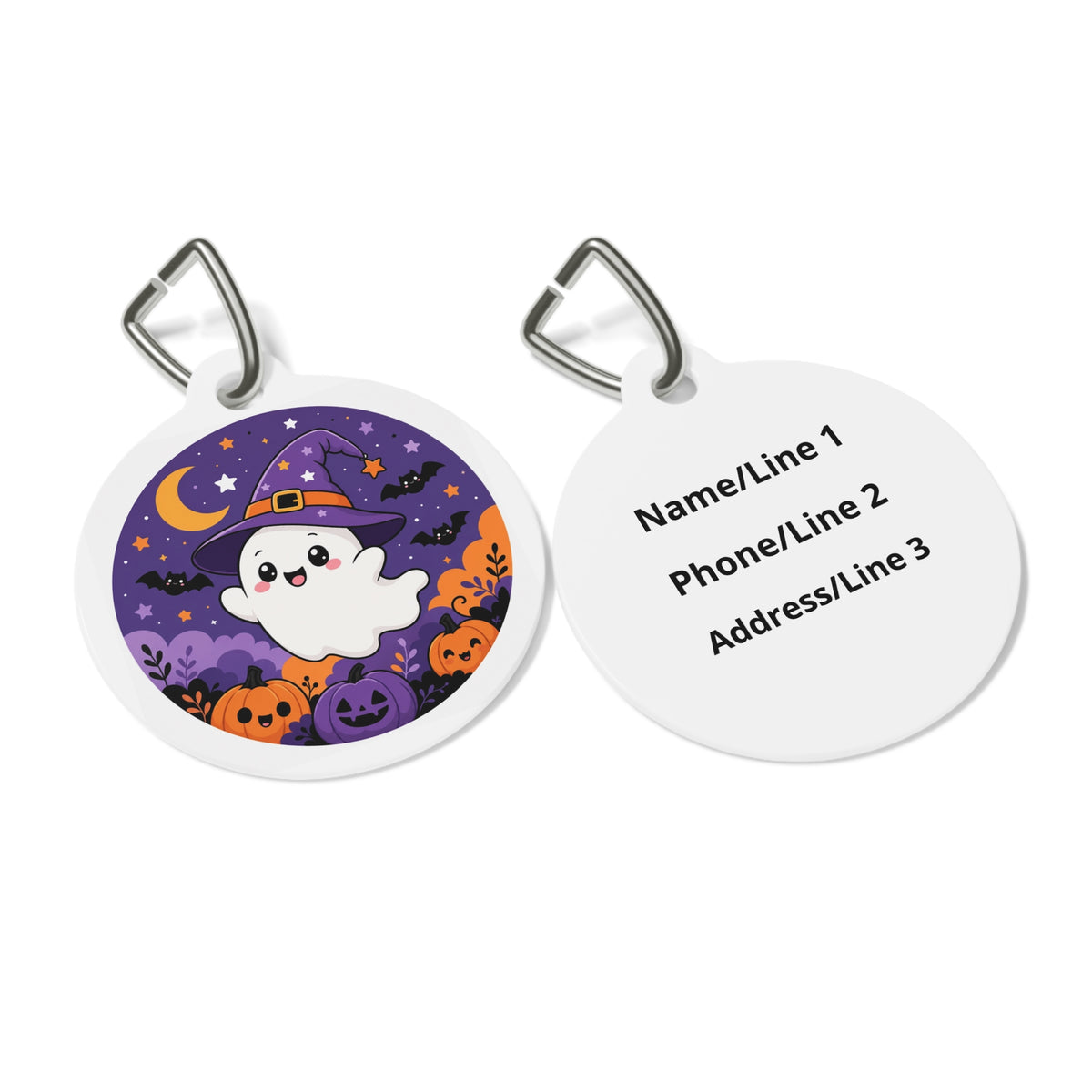Close-up of Cute Witch Ghost & Crescent Moon artwork on personalized dog ID tag
