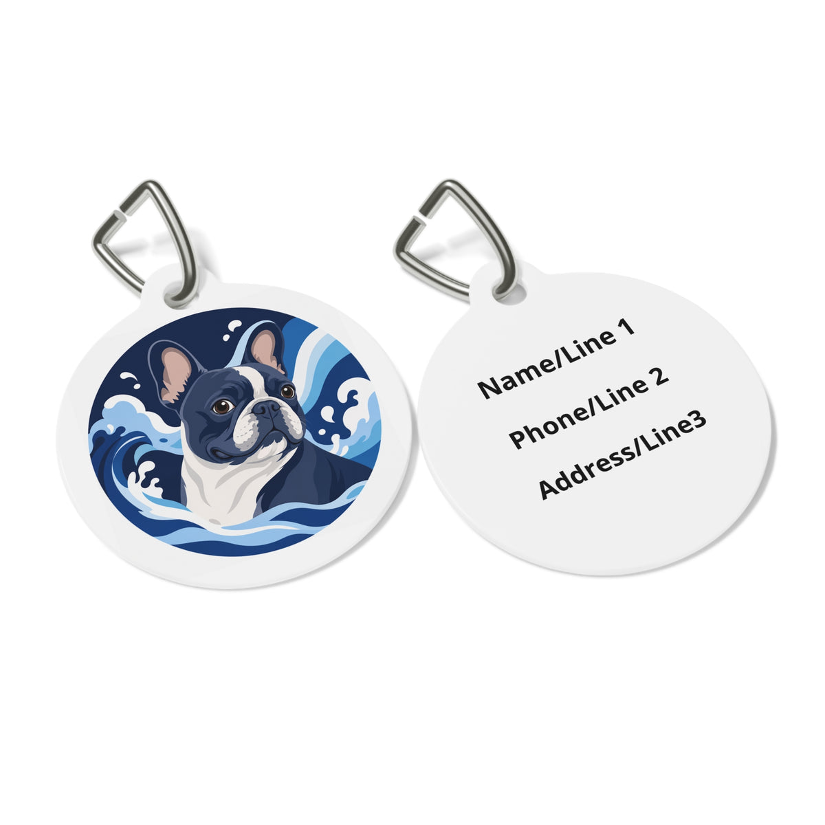 Close-up of French Bulldog Blue Wave artwork on personalized dog ID tag