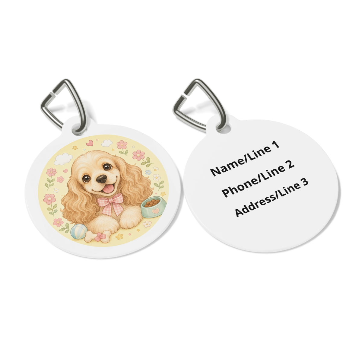 Close-up of Cocker Spaniel Sweet Tea Party artwork on personalized dog ID tag