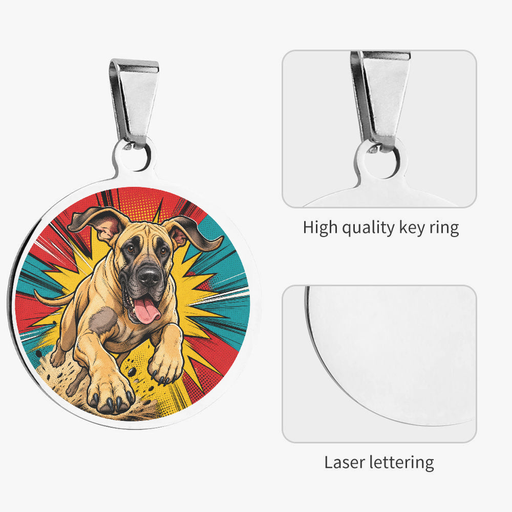 Close-up of Great Dane Comic Action Hero artwork on personalized dog ID tag