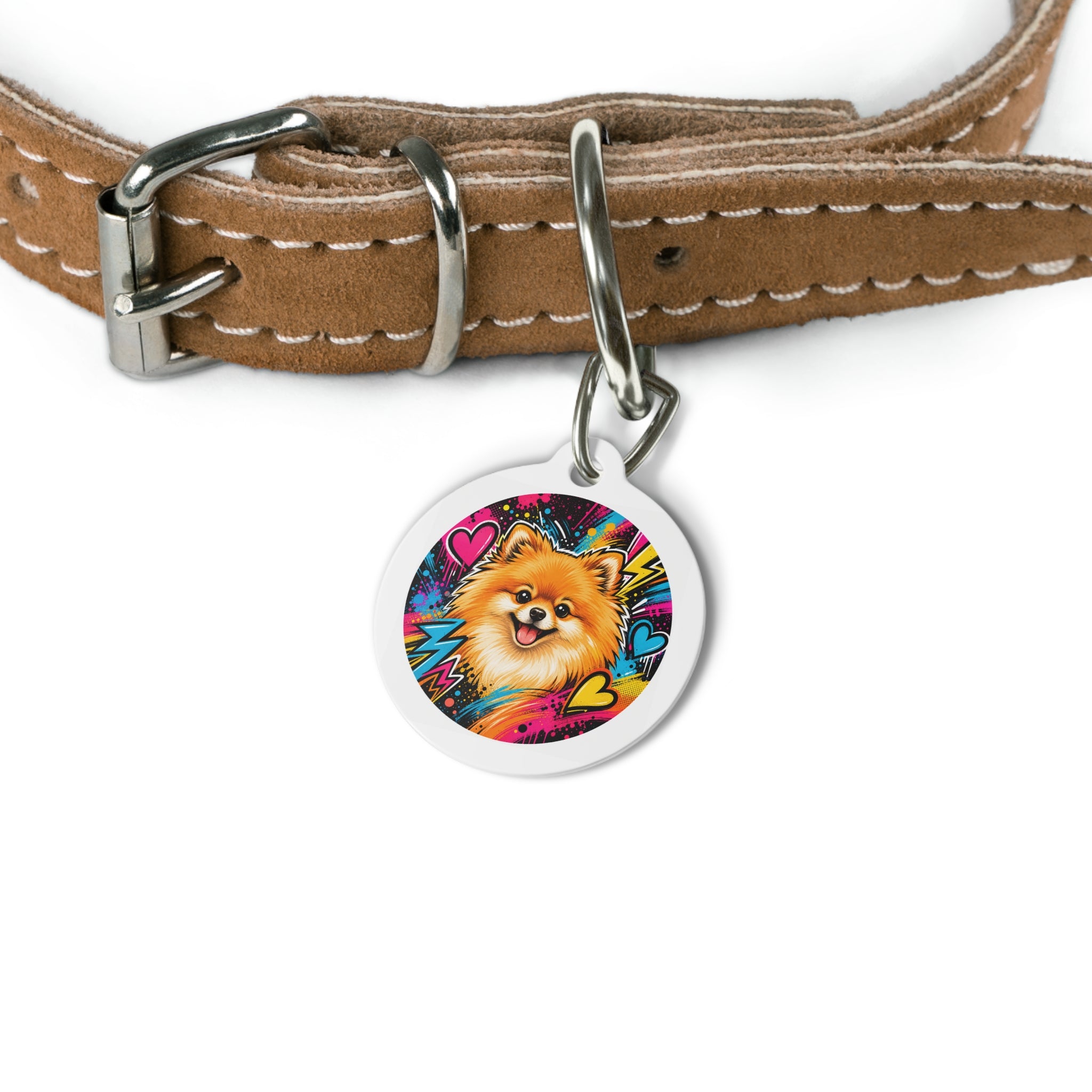 Pomeranian Neon Graffiti Hearts Personalized Dog ID Tag