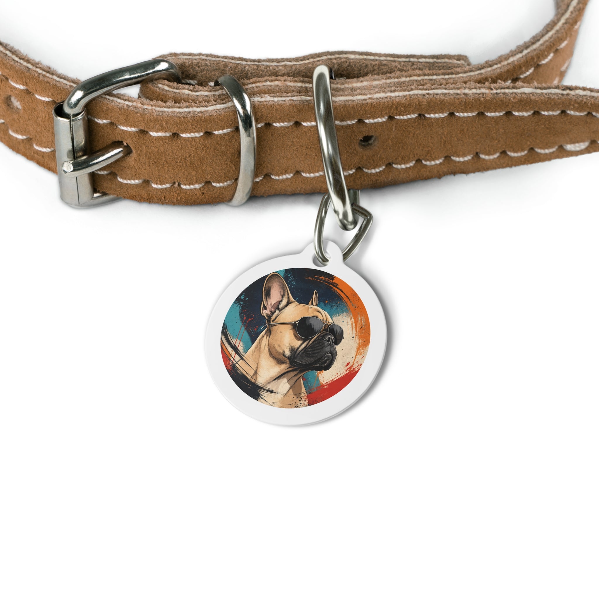 Etiqueta de identificación de perro personalizada con retrato de bulldog francés, vivaz y juguetón