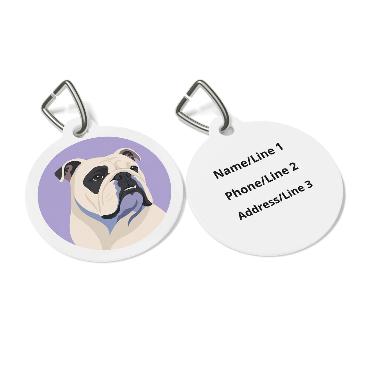 Close-up of Bulldog Lavender Minimal artwork on personalized dog ID tag