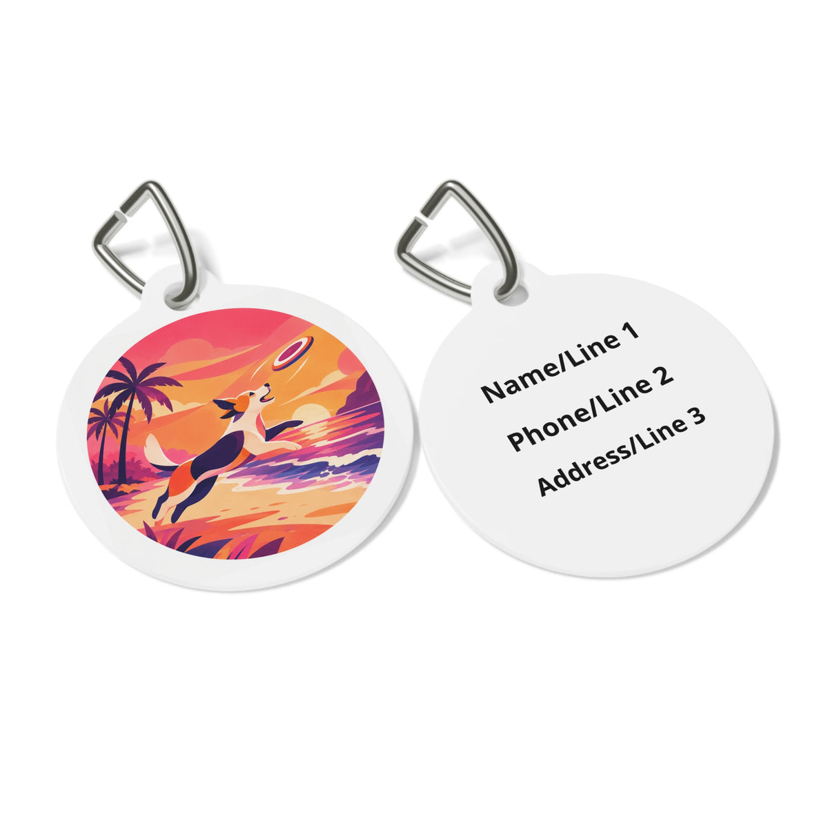Close-up of Sunset Frisbee Dreamy Coastal Scene artwork on personalized dog ID tag