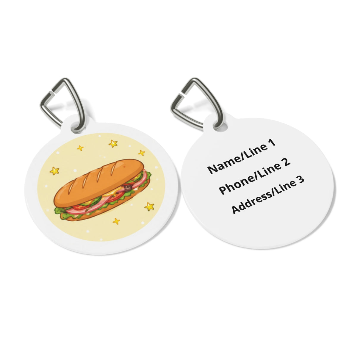 Close-up of Deli Sub Whimsical Foodie Art artwork on personalized dog ID tag