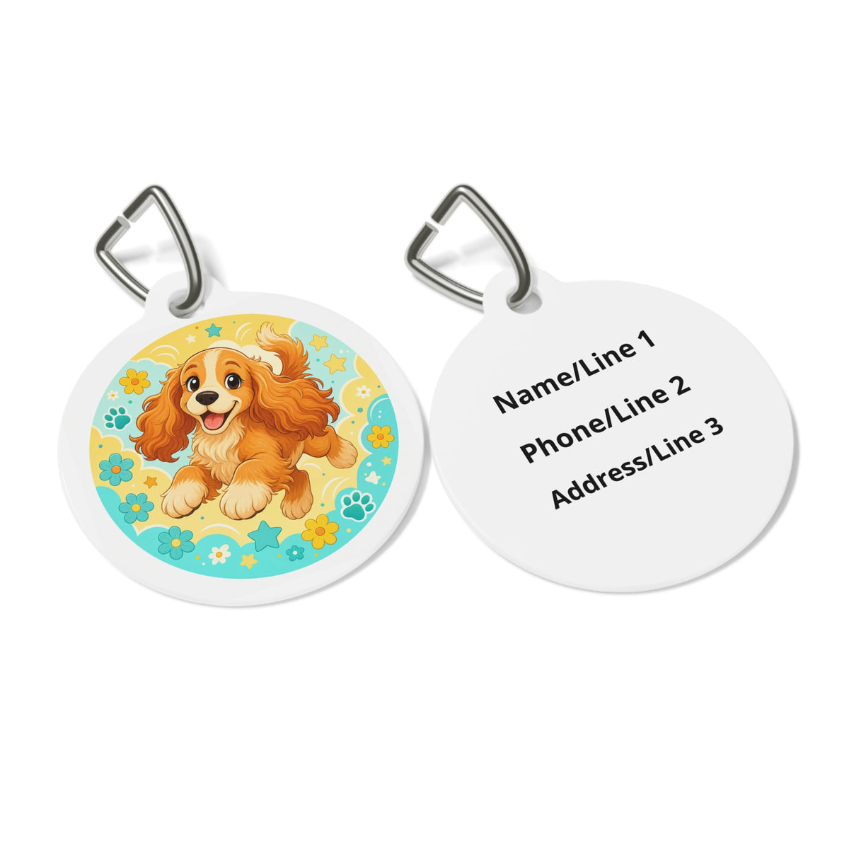 Close-up of Cocker Spaniel Cheerful Flower Pop artwork on personalized dog ID tag