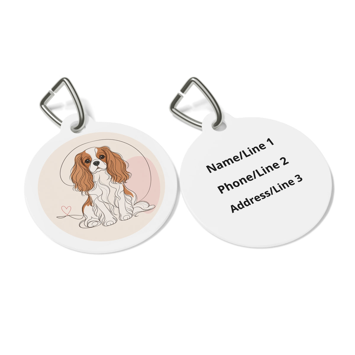 Close-up of Cavalier King Charles Spaniel Minimal Line Art artwork on personalized dog ID tag