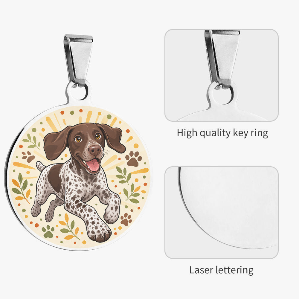 Close-up of German Shorthaired Pointer Autumn Leaf Playtime artwork on personalized dog ID tag