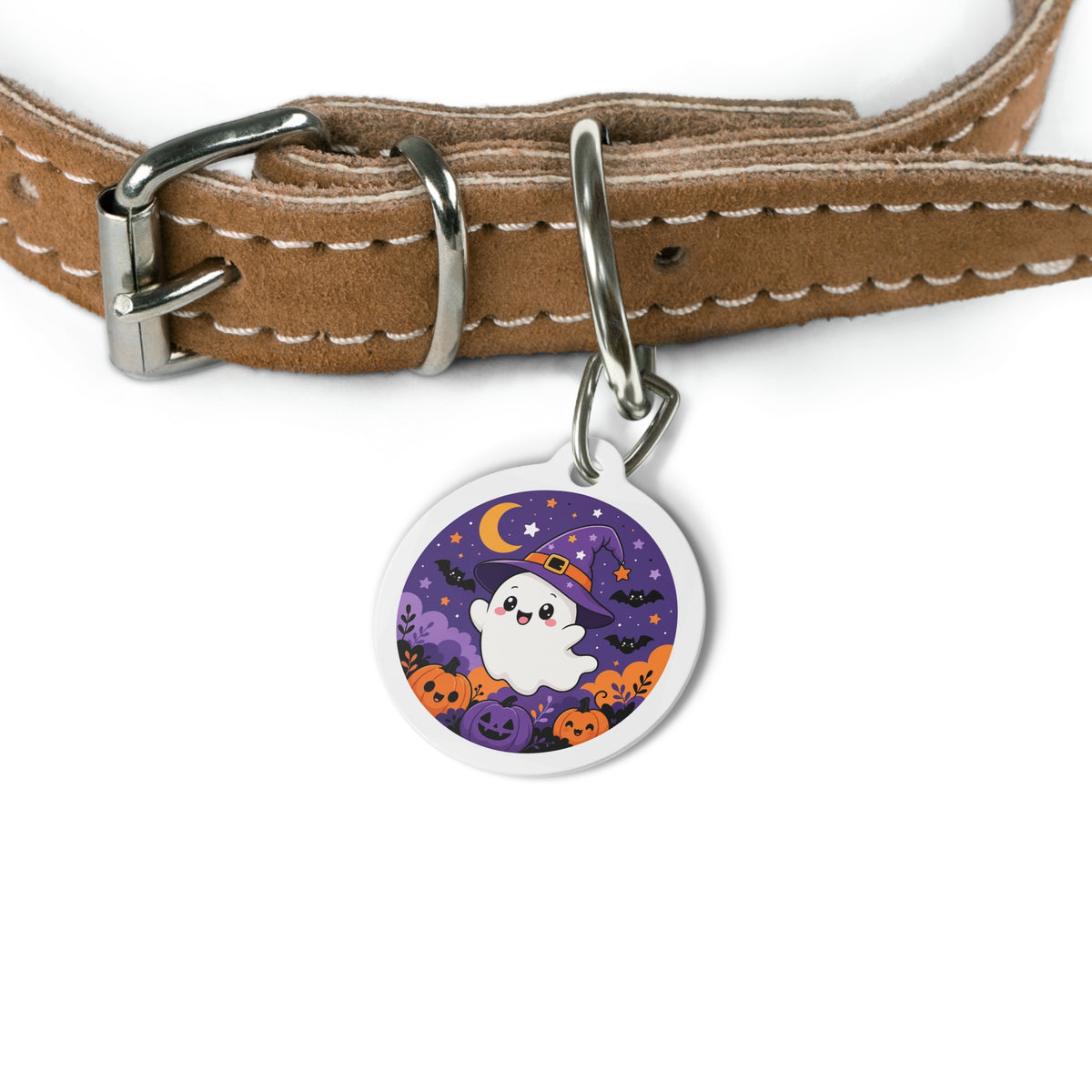 Cute Witch Ghost & Crescent Moon personalized dog ID tag product detail