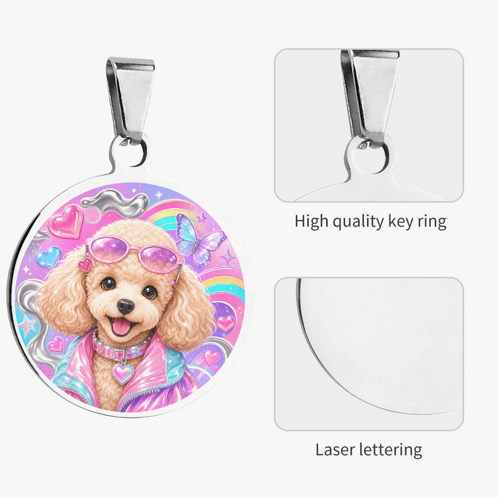Close-up of Poodle Pink Disco Glam artwork on personalized dog ID tag
