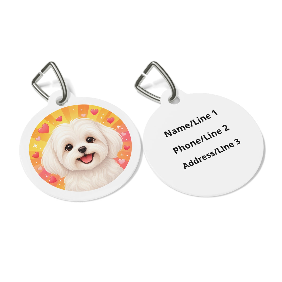 Close-up of Maltese Sunny Hearts Portrait artwork on personalized dog ID tag