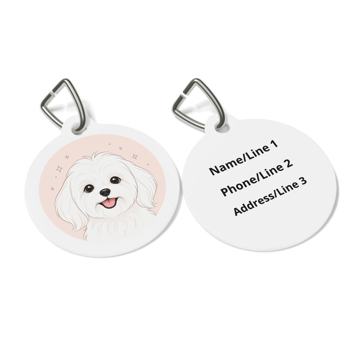 Close-up of Maltese Blush Minimal Line Portrait artwork on personalized dog ID tag