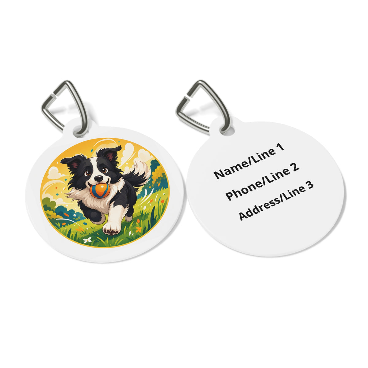 Close-up of Border Collie Sunny Fetch Adventure artwork on personalized dog ID tag