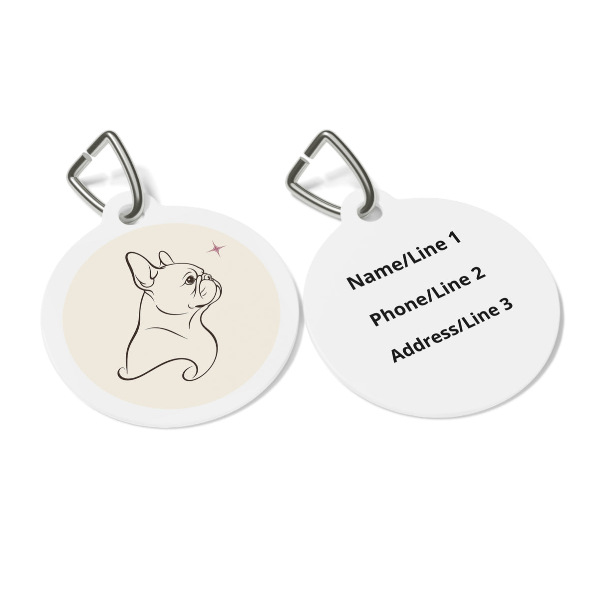 Close-up of French Bulldog Minimalist artwork on personalized dog ID tag