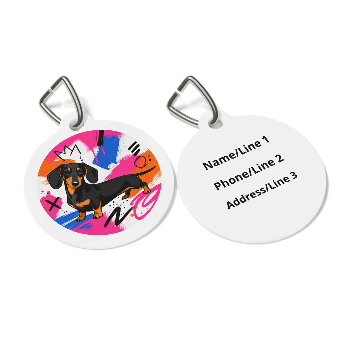 Close-up of Dachshund Joyful Pop Art artwork on personalized dog ID tag