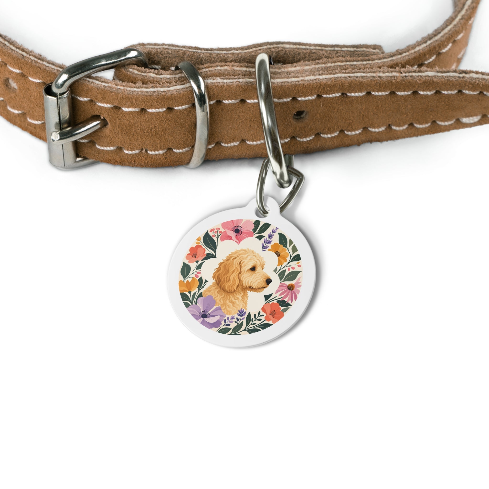Goldendoodle Botanical Floral Portrait Personalized Dog ID Tag