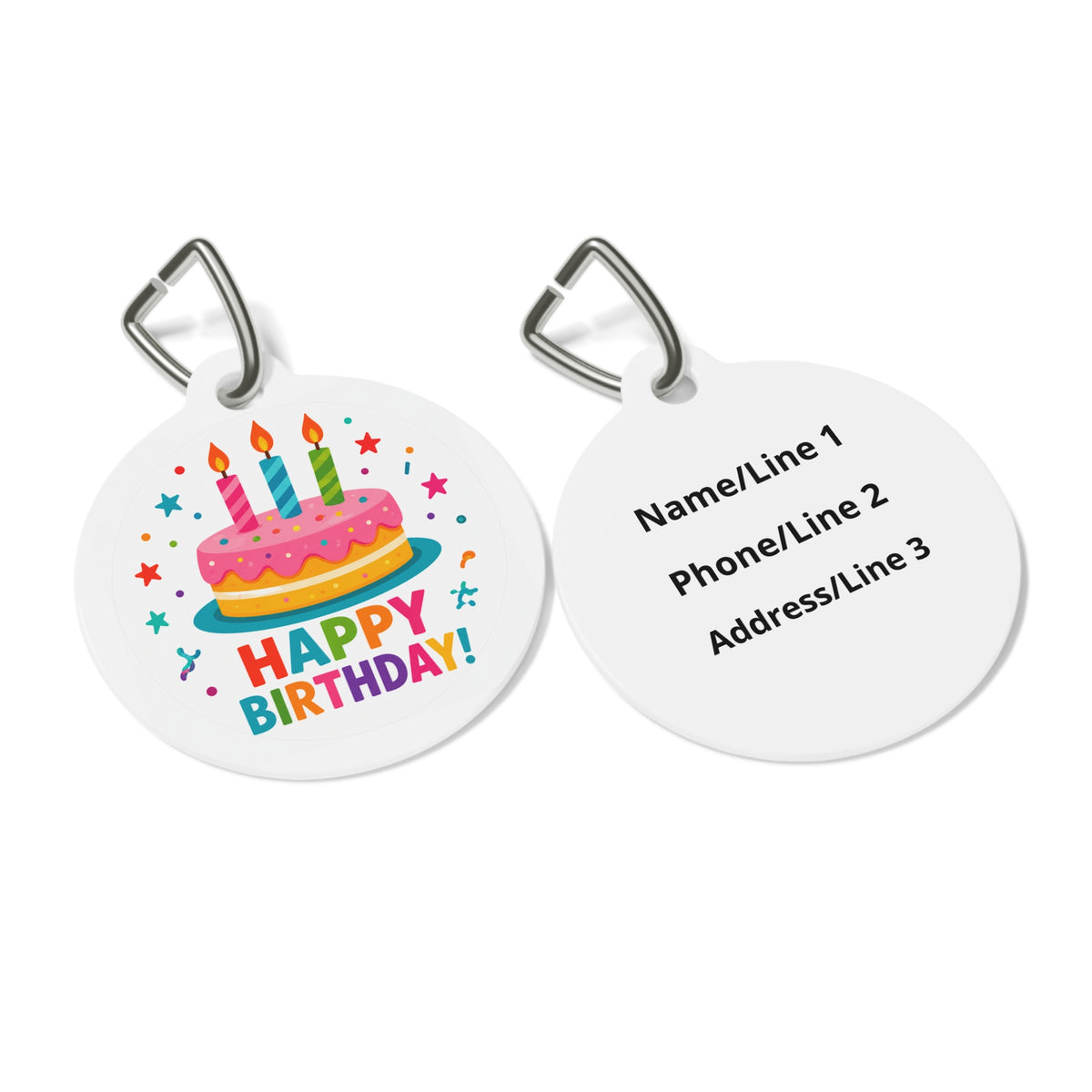 Close-up of Rainbow Frosted Cake Celebration artwork on personalized dog ID tag