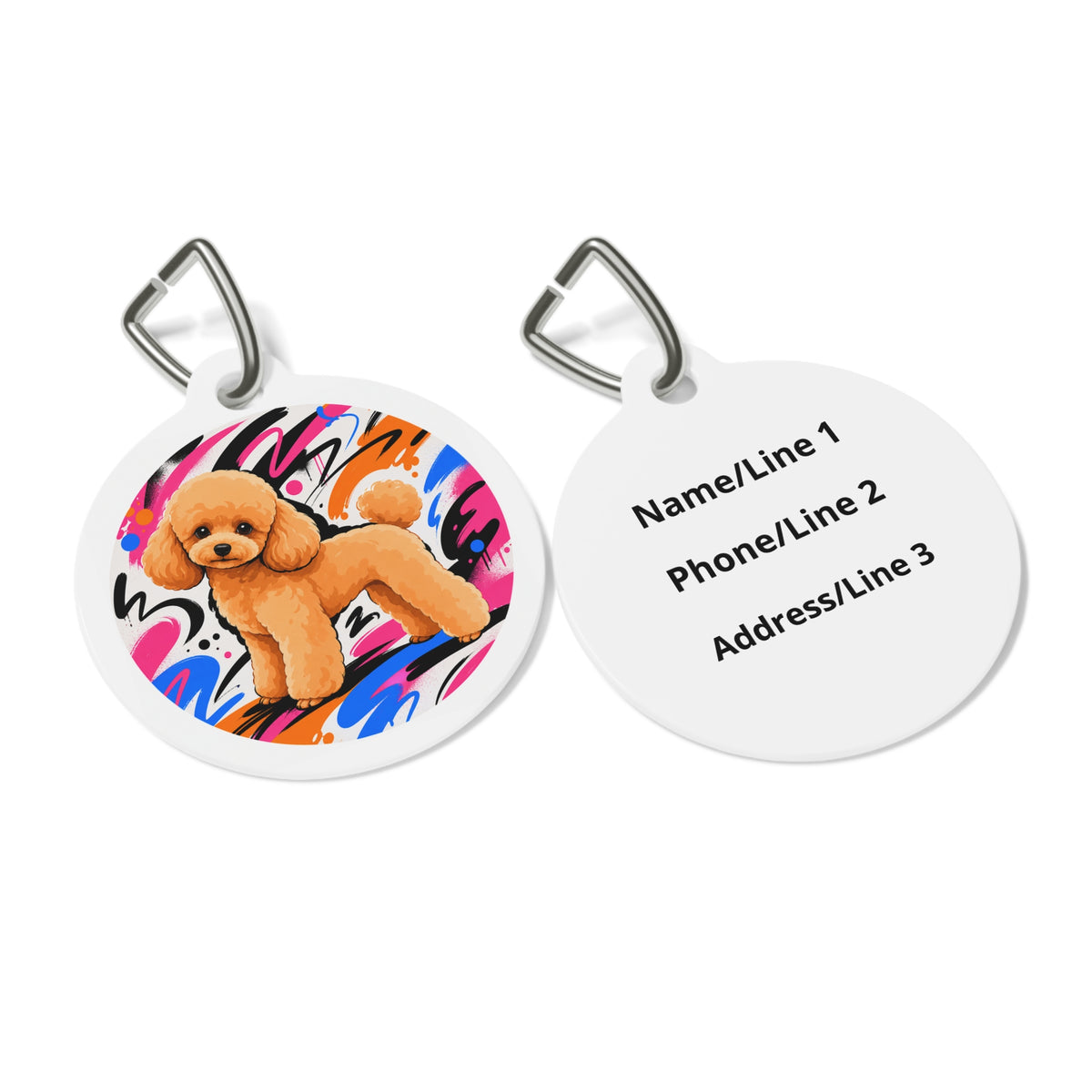 Close-up of Toy Poodle Graffiti Groove Apricot artwork on personalized dog ID tag