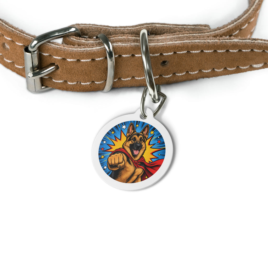 Placa de identificación personalizada para perro Pastor Alemán Superhéroe Puñetazo