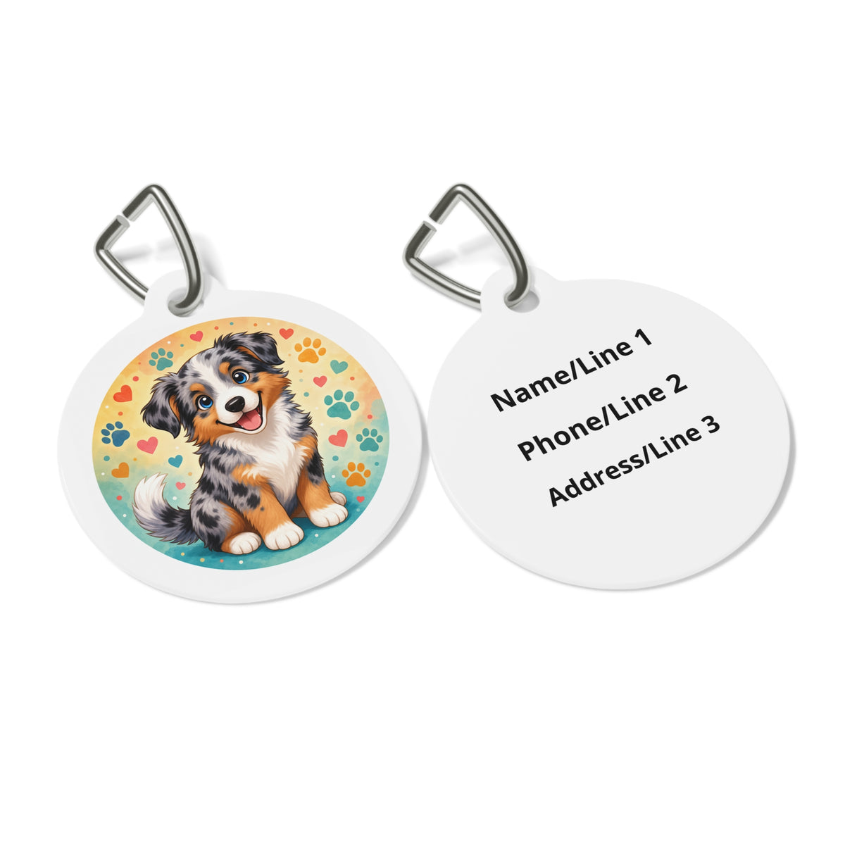 Close-up of Australian Shepherd Happy Paws Puppy artwork on personalized dog ID tag