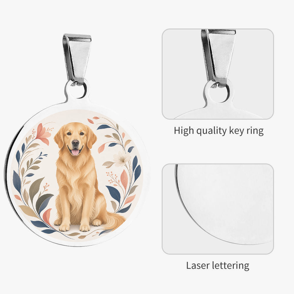 Close-up of Golden Retriever Botanical Garden Portrait artwork on personalized dog ID tag