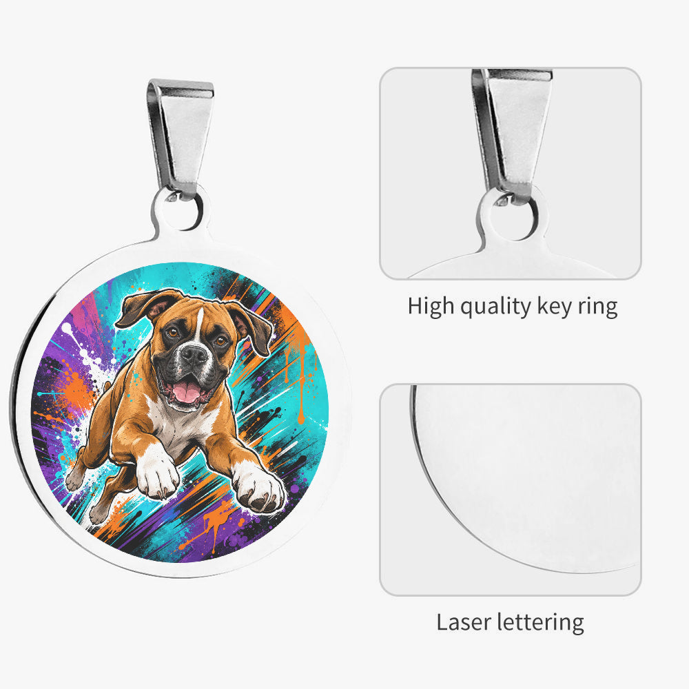 Close-up of Boxer Neon Action Splash artwork on personalized dog ID tag