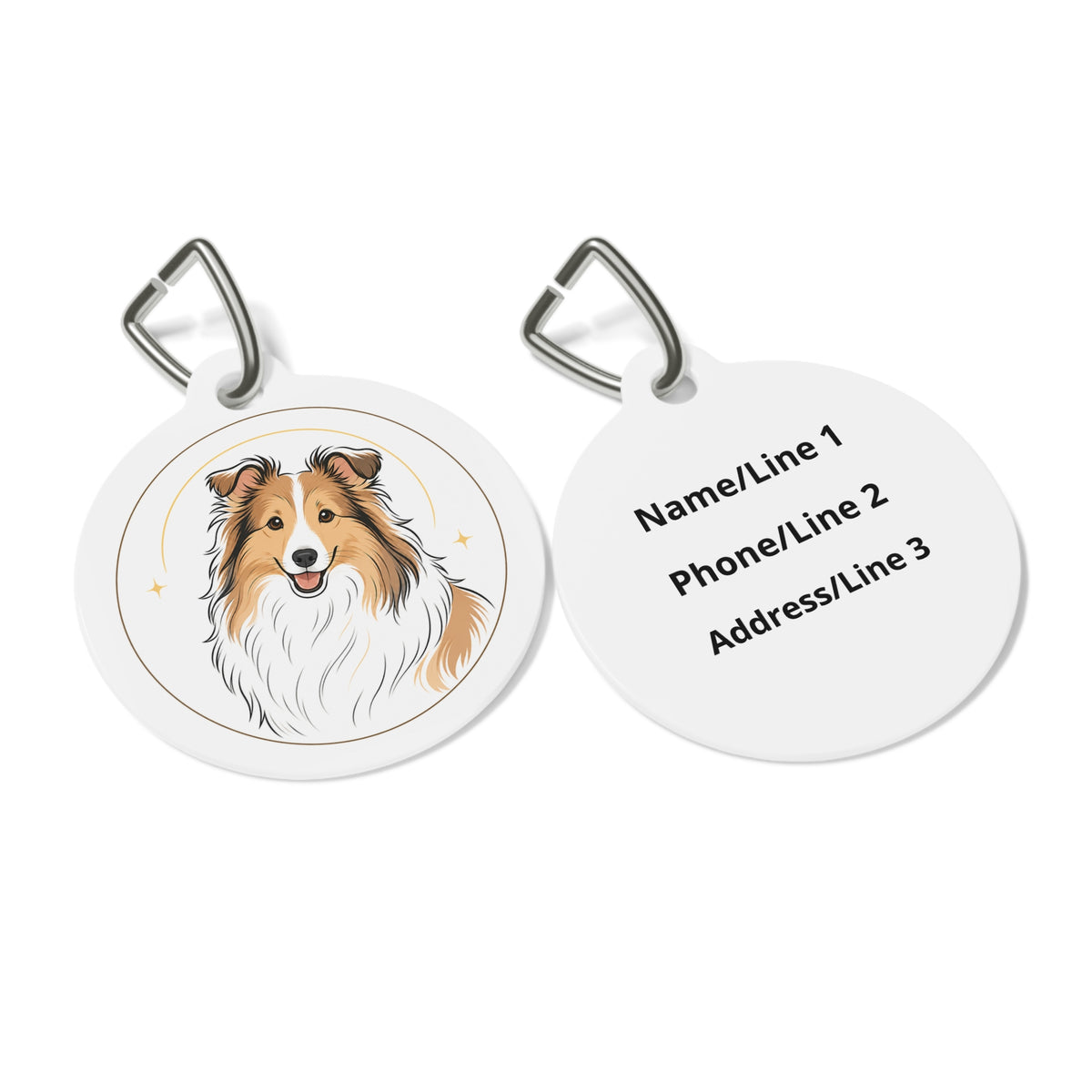 Close-up of Shetland Sheepdog Joyful Playful Portrait artwork on personalized dog ID tag