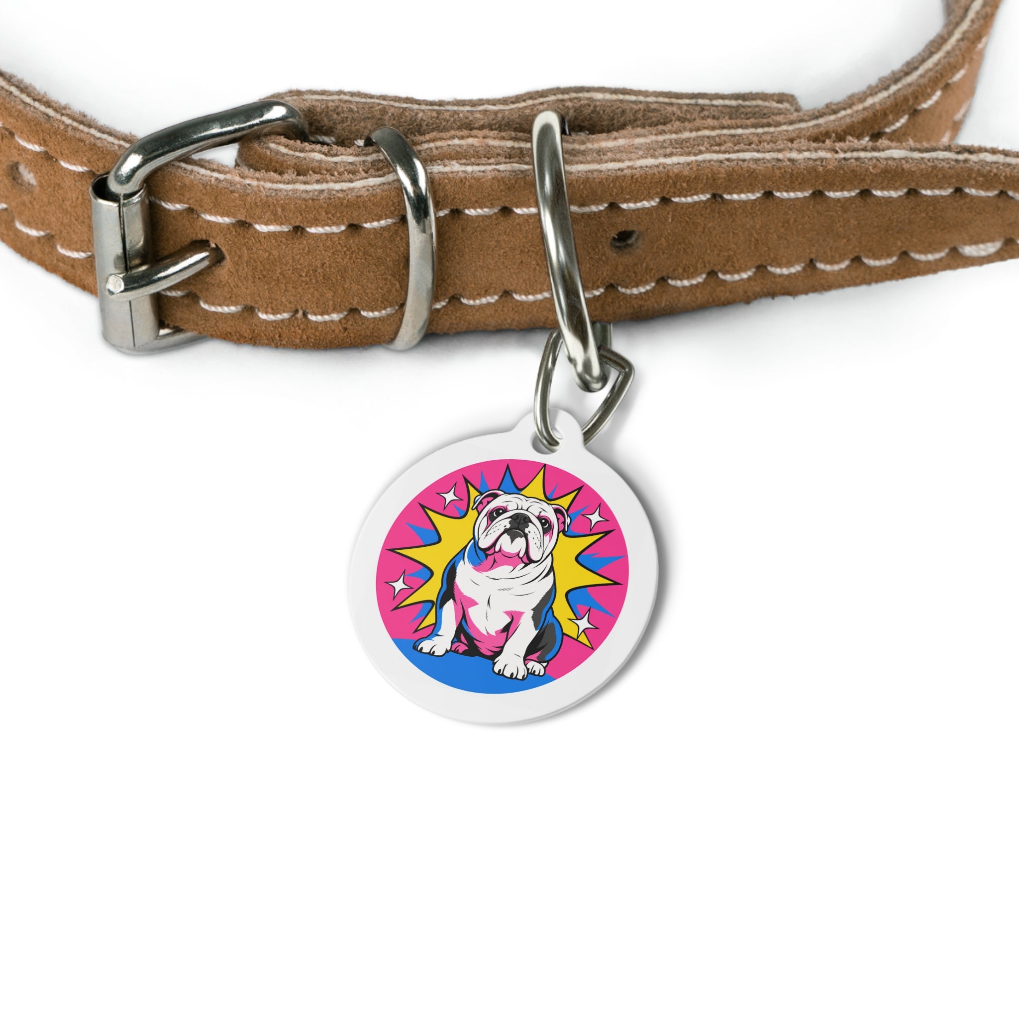 Bulldog Pink Comic Burst Personalized Dog ID Tag