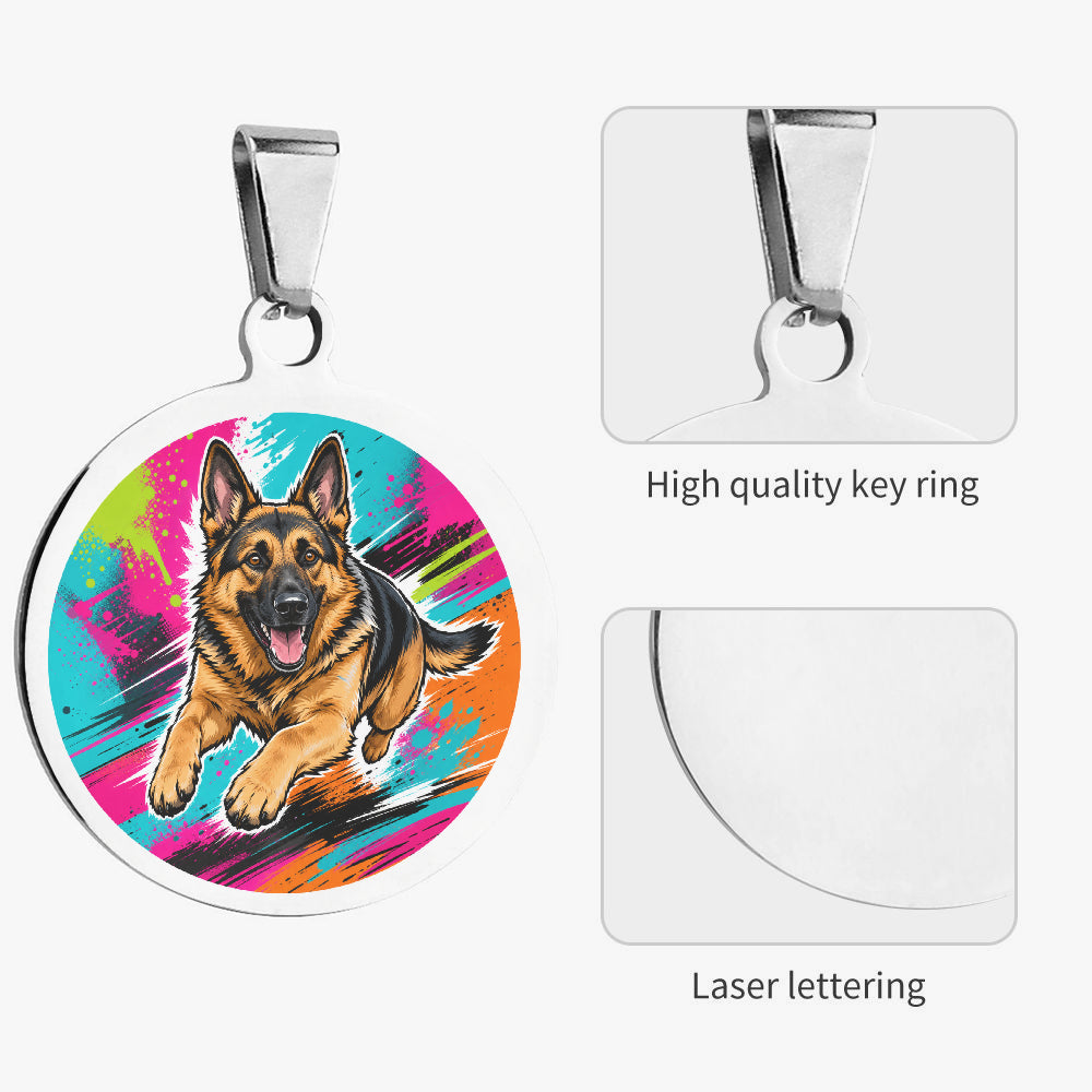 Close-up of German Shepherd Neon Action Splash artwork on personalized dog ID tag