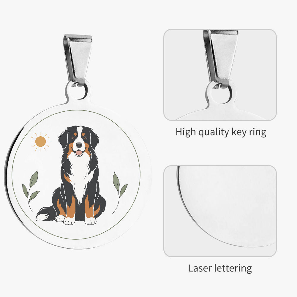 Close-up of Bernese Mountain Dog Minimal Botanical Full-Body artwork on personalized dog ID tag