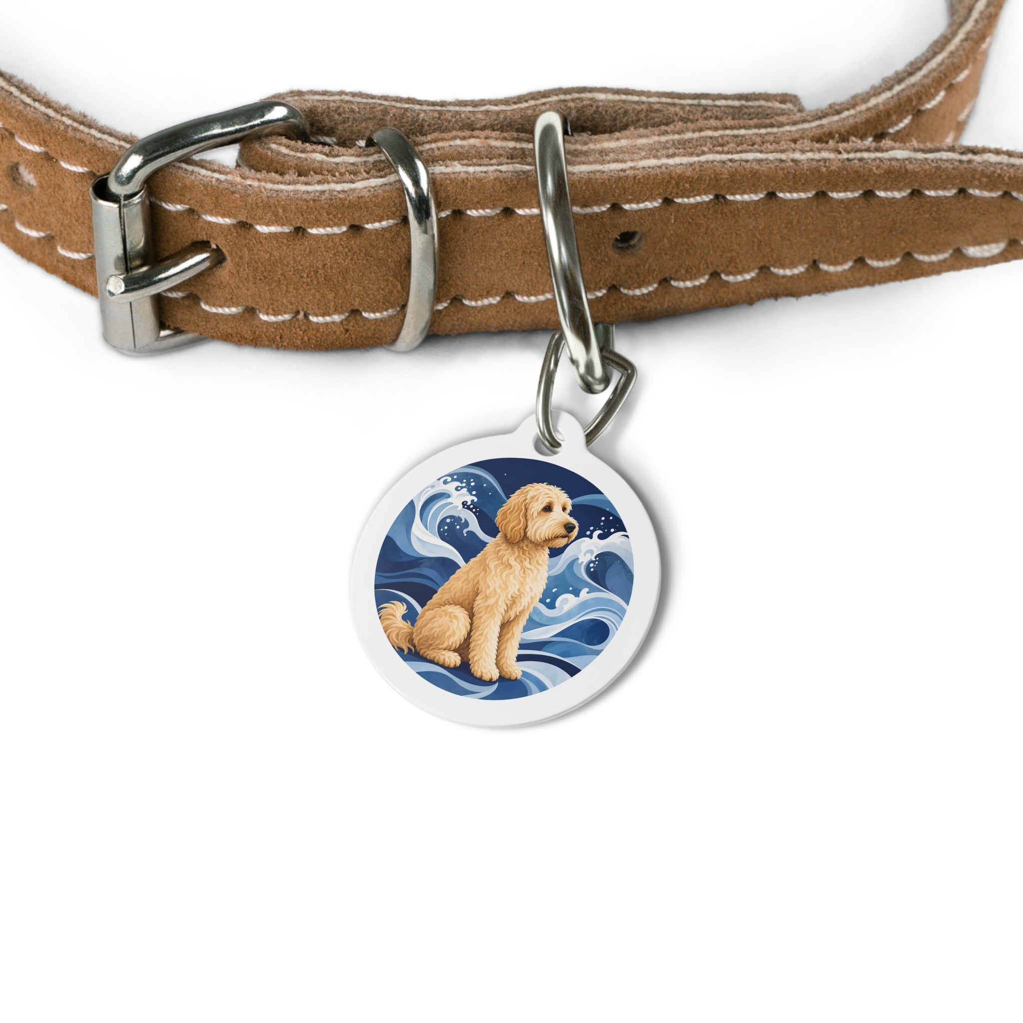 Goldendoodle Seaside Golden Portrait Personalized Dog ID Tag