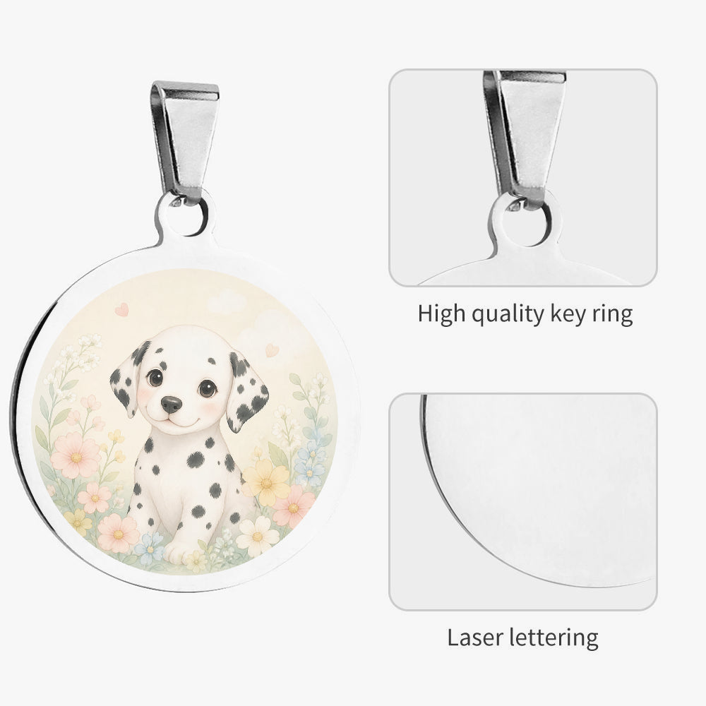 Close-up of Dalmatian Pastel Garden Puppy artwork on personalized dog ID tag