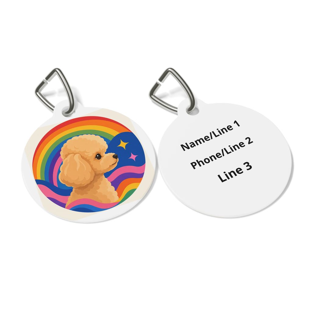 Etiqueta de identificación de perro personalizada con ondas arcoíris retro y albaricoque, caniche toy