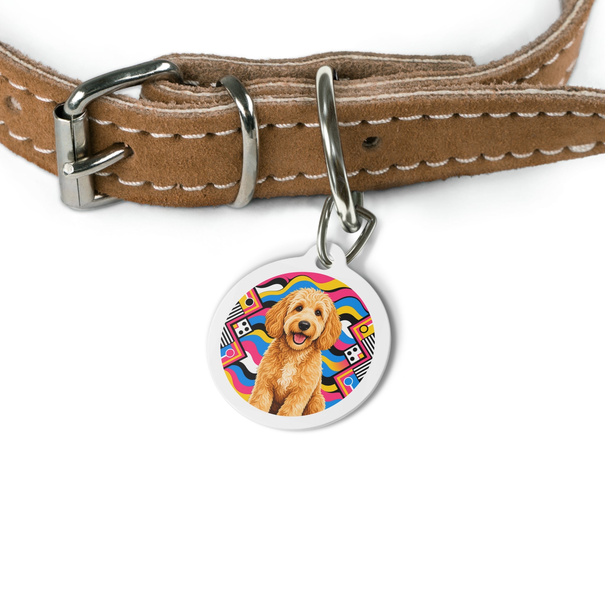 Etiqueta de Identificación de Perro Personalizada Goldendoodle Dibujo Alegre Colorido