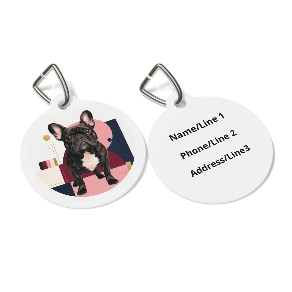 Close-up of French Bulldog Bright Modern Geometric artwork on personalized dog ID tag