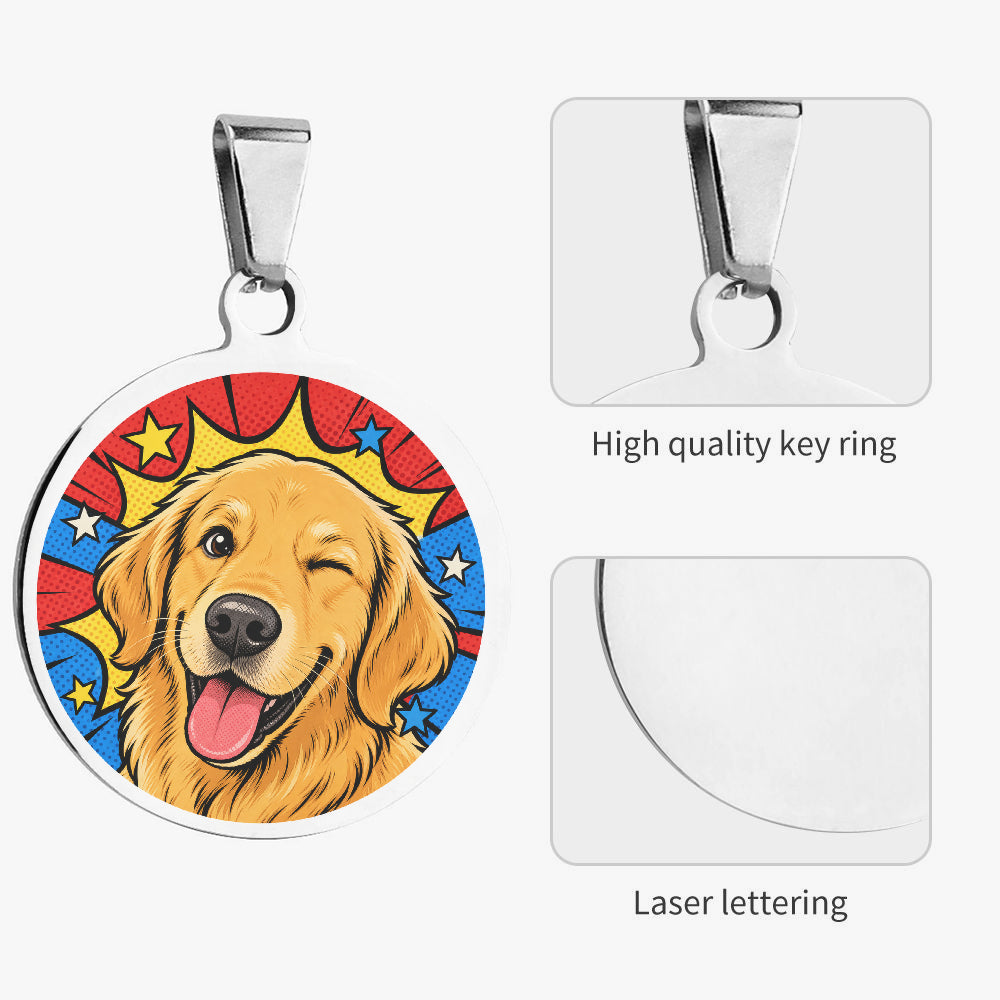 Close-up of Golden Retriever Comic Wink Hero artwork on personalized dog ID tag