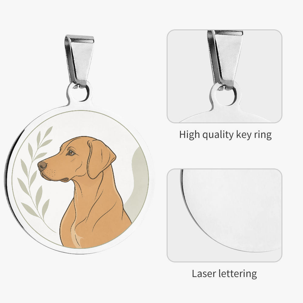 Close-up of Rhodesian Ridgeback Botanical Crescent Profile artwork on personalized dog ID tag