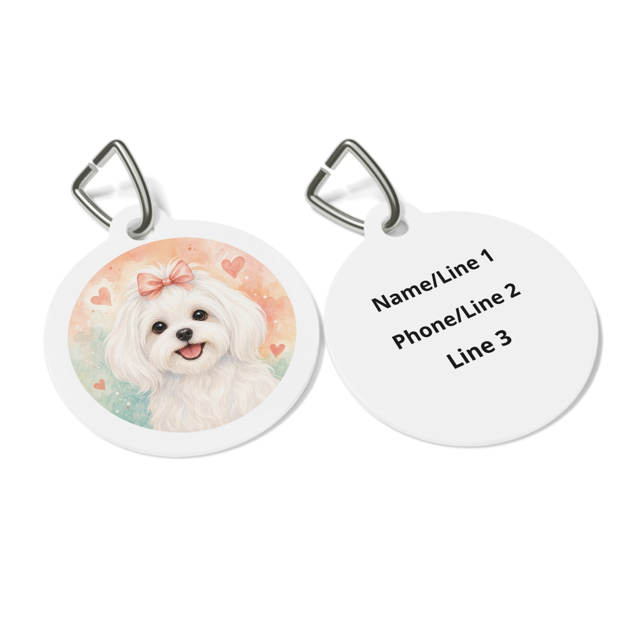 Maltese Peach Bow & Hearts Watercolor Personalized Dog ID Tag
