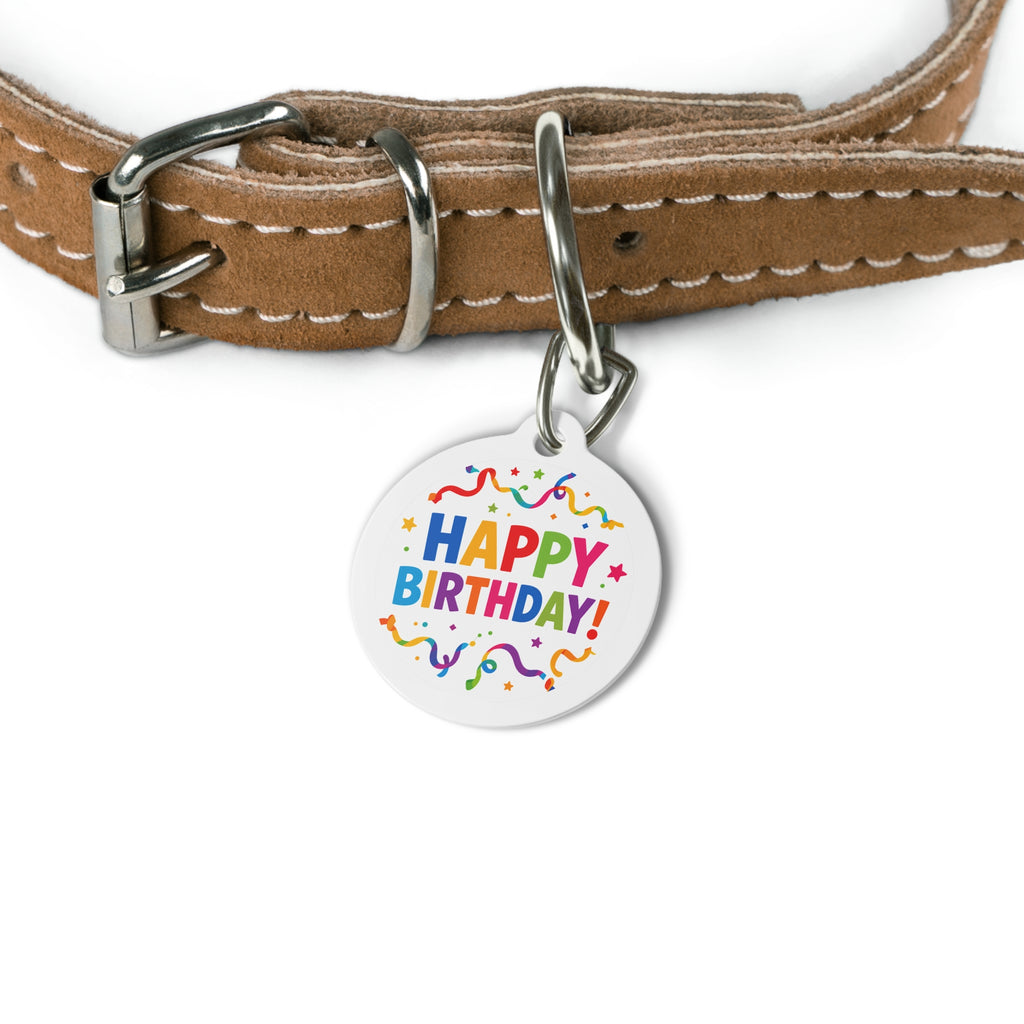 Chapa de identificación personalizada para perro "Celebración con confeti arcoíris atrevido"