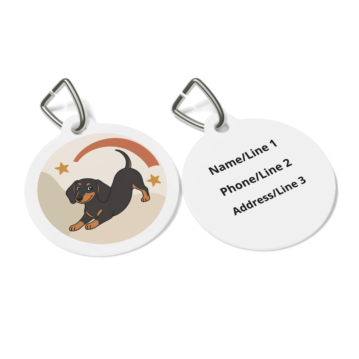 Close-up of Dachshund Charming Rainbow artwork on personalized dog ID tag