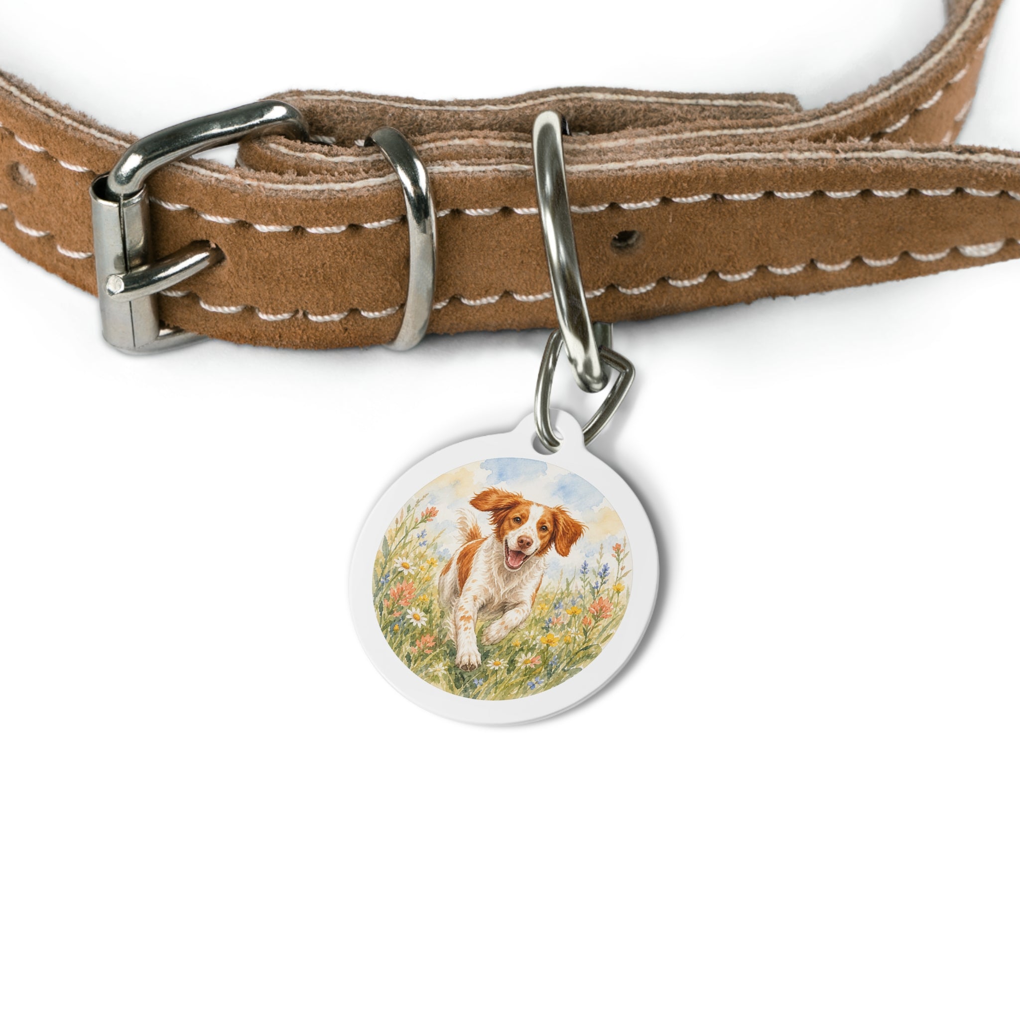 Brittany Wildflower Watercolor Personalized Dog ID Tag