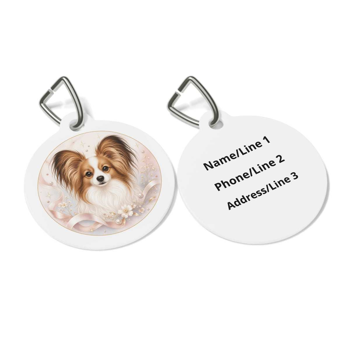 Close-up of Papillon Pearl Ribbon Elegance artwork on personalized dog ID tag