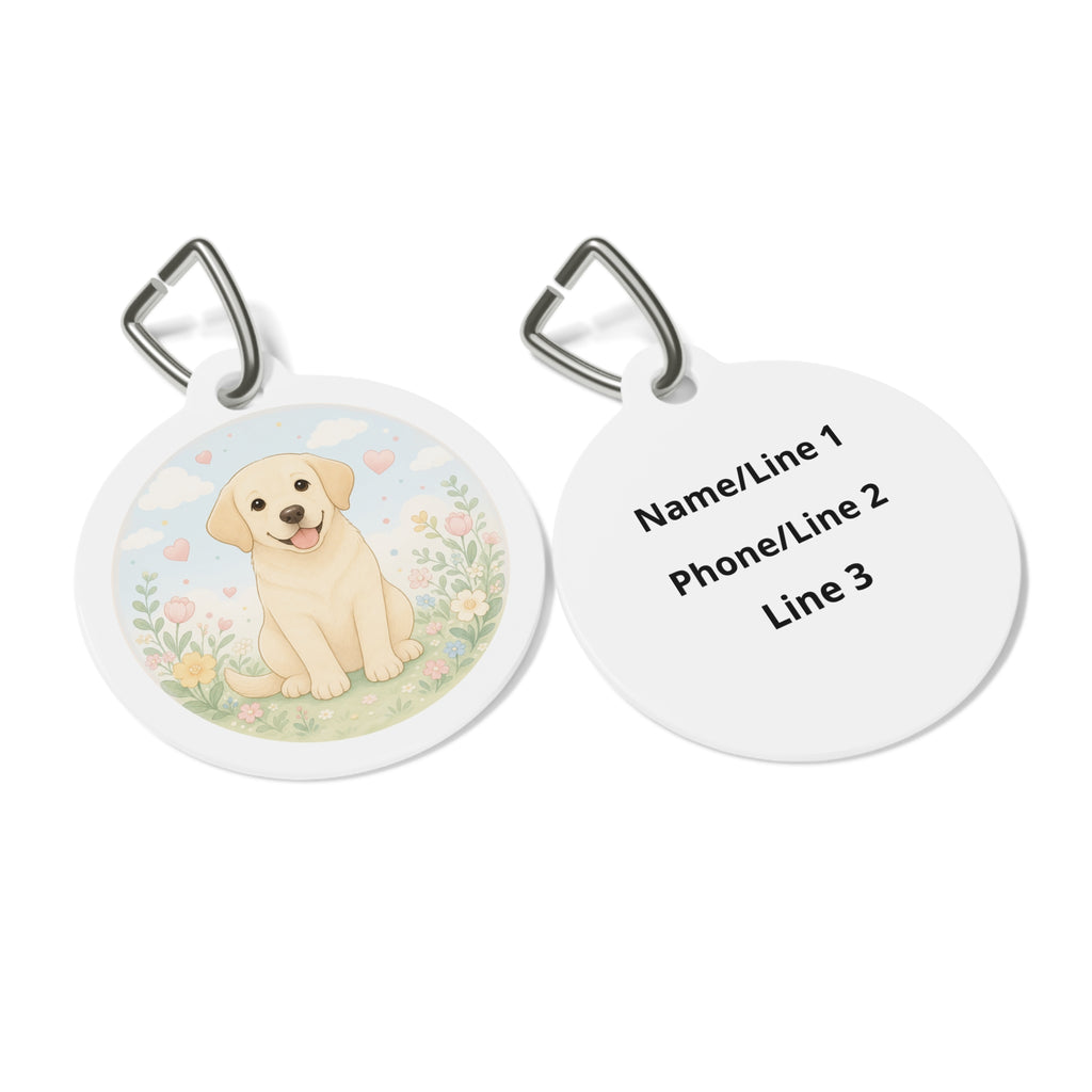 Etiqueta de identificación de perro personalizada con cachorro Labrador Retriever y prado pastel