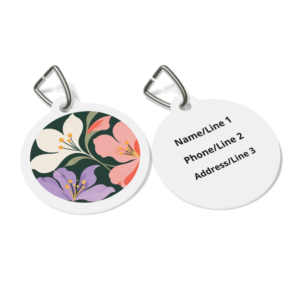 Close-up of Pippa Midnight Botanical Blossom Dog ID Tag artwork on personalized dog ID tag