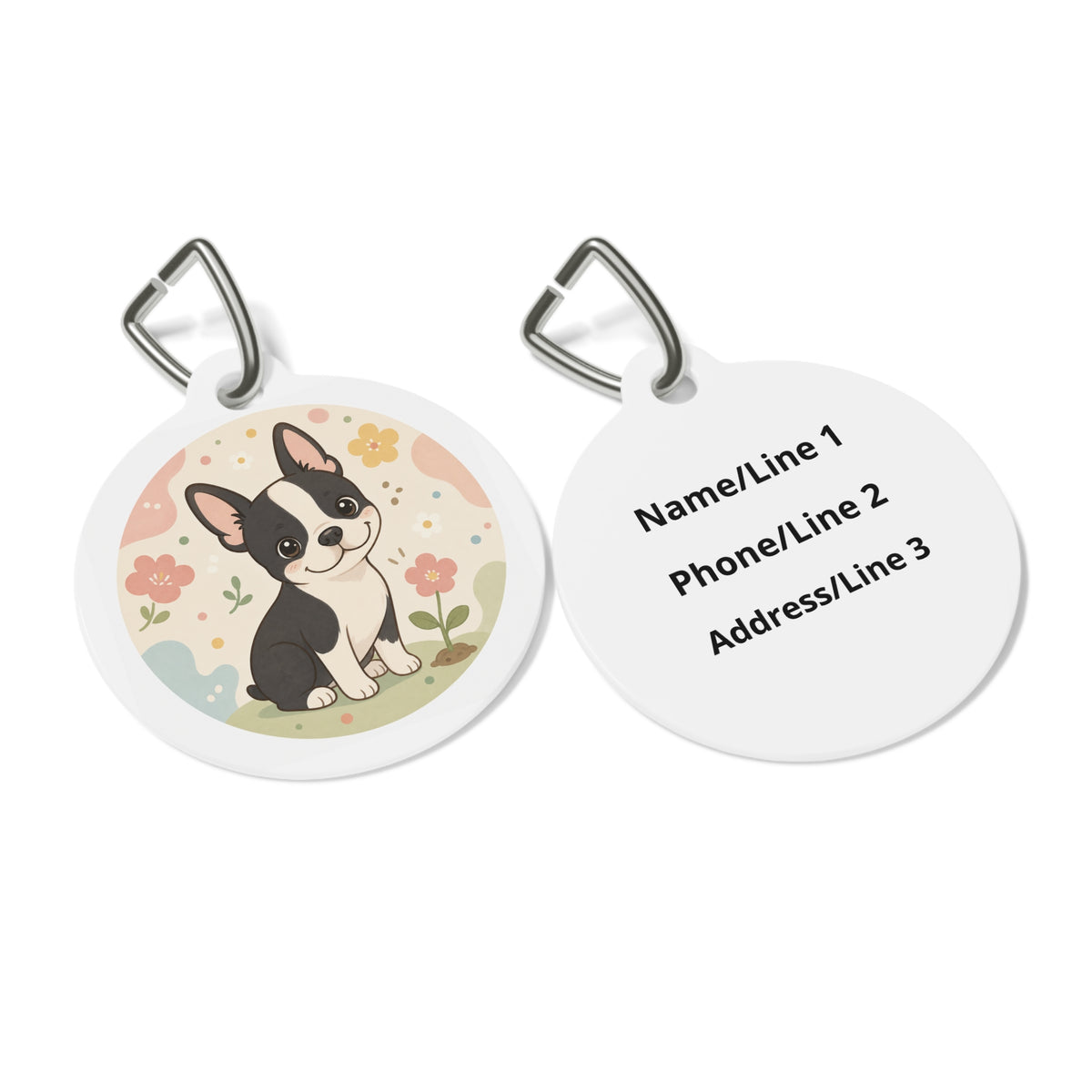 Close-up of Boston Terrier Pastel Floral artwork on personalized dog ID tag