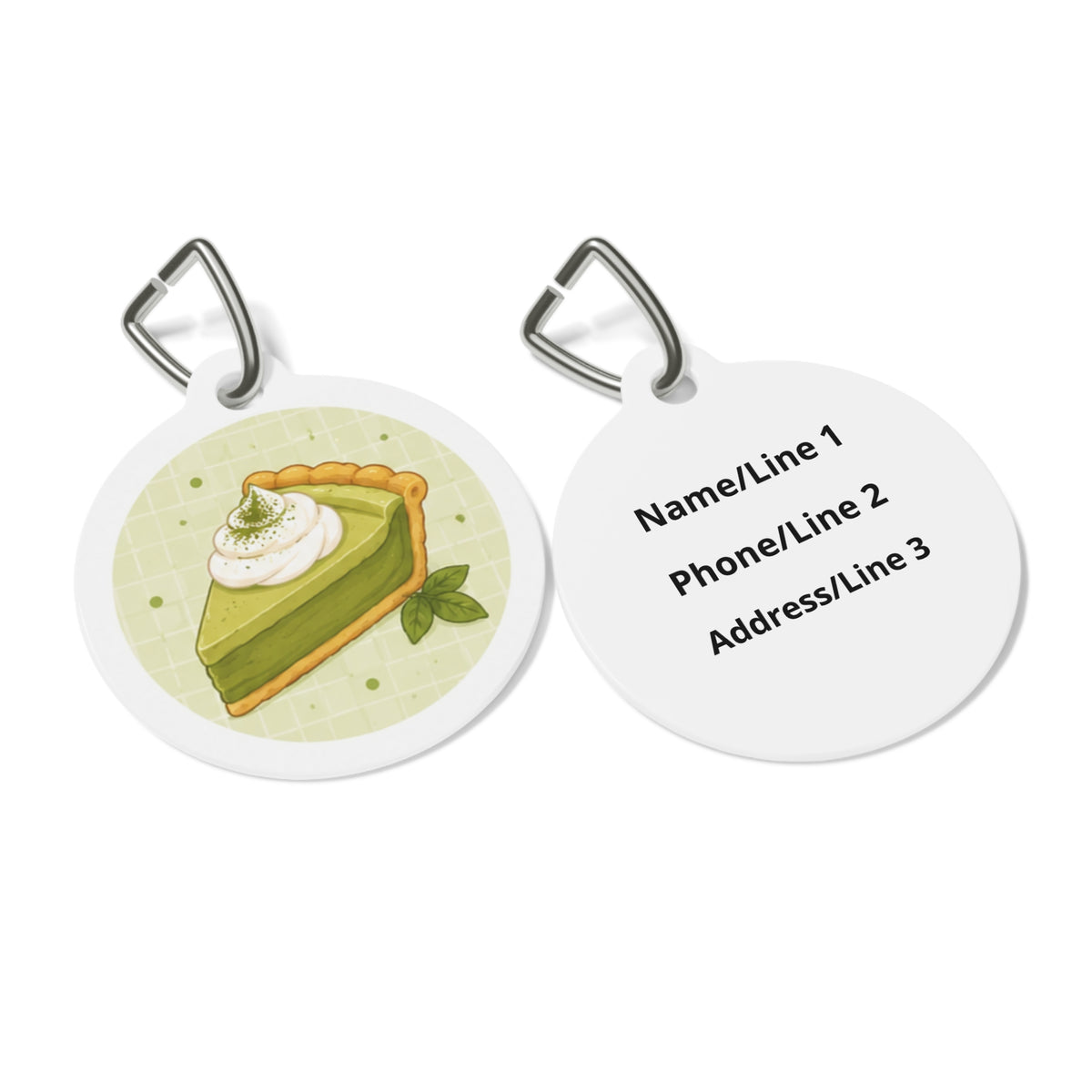 Close-up of Matcha Cream Pie Whimsical Foodie Art artwork on personalized dog ID tag