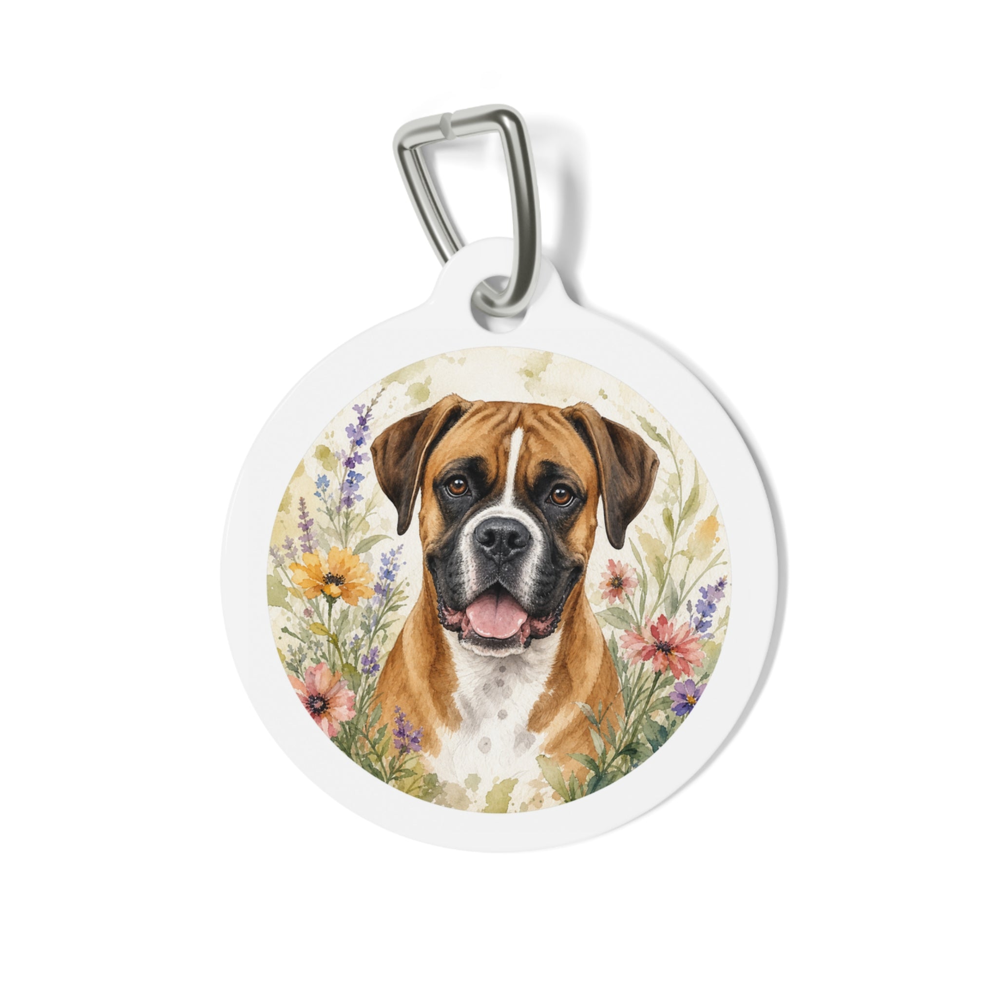 Boxer Wildflower Watercolor Personalized Dog ID Tag