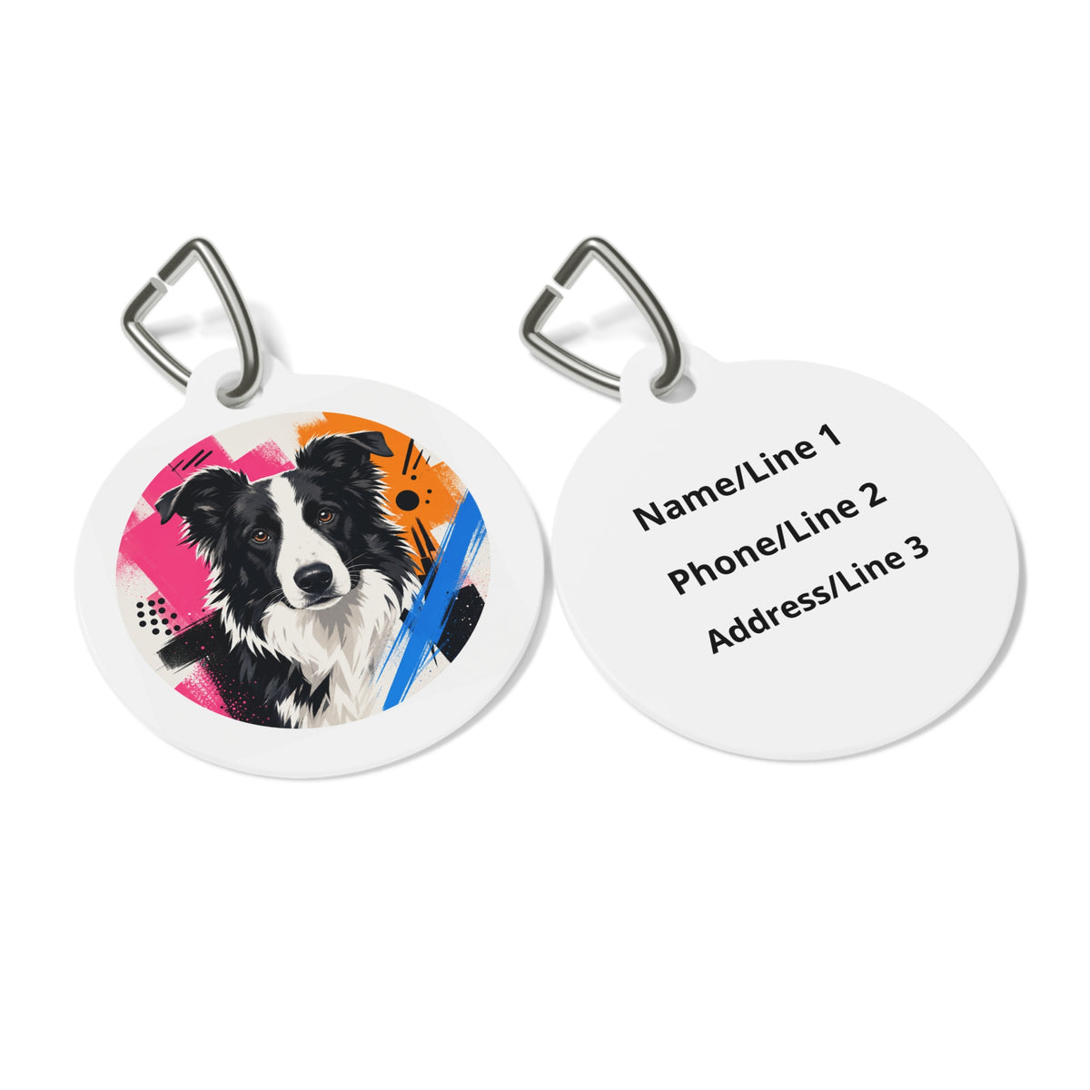 Close-up of Border Collie Urban Graffiti artwork on personalized dog ID tag