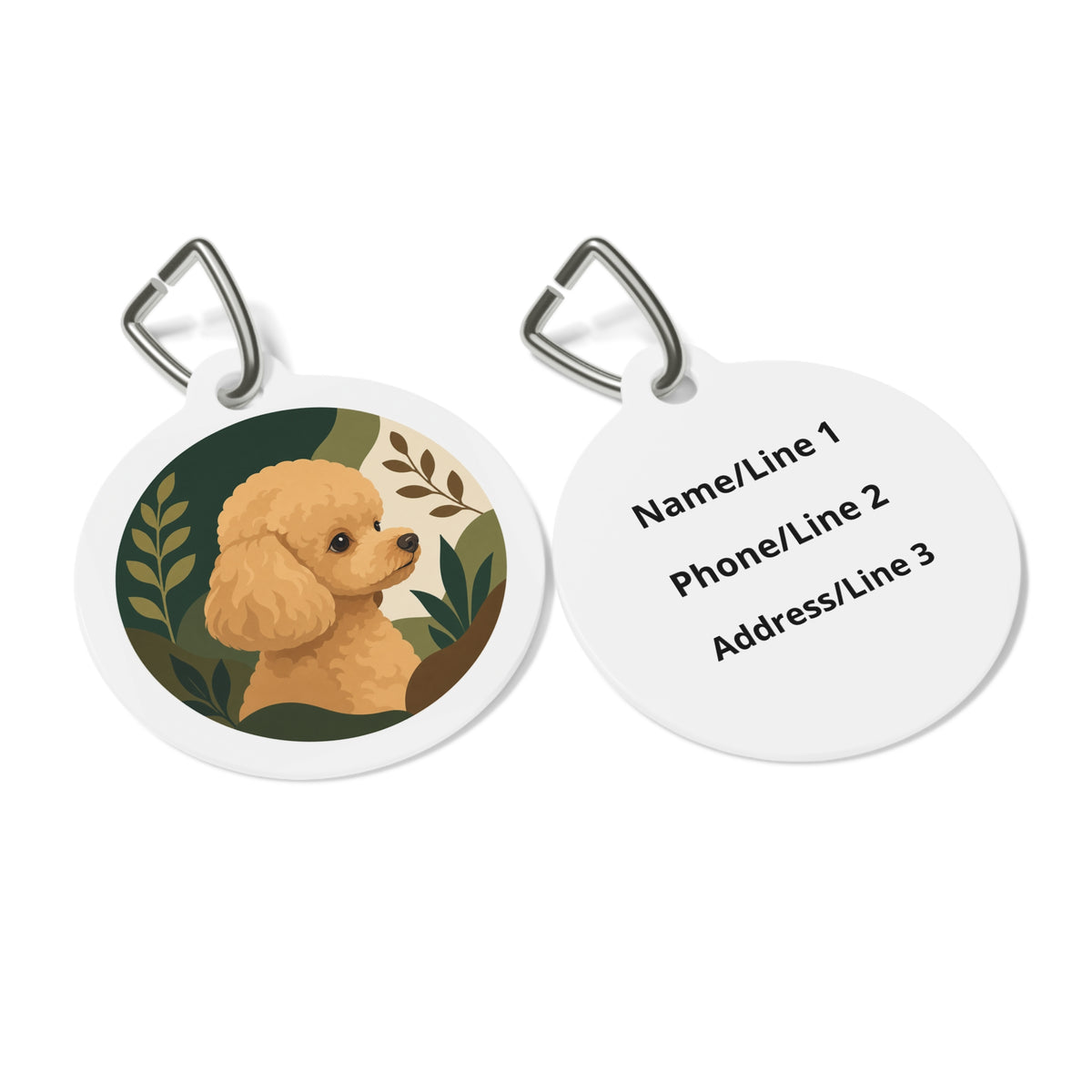 Close-up of Toy Poodle Woodland Botanical Apricot artwork on personalized dog ID tag