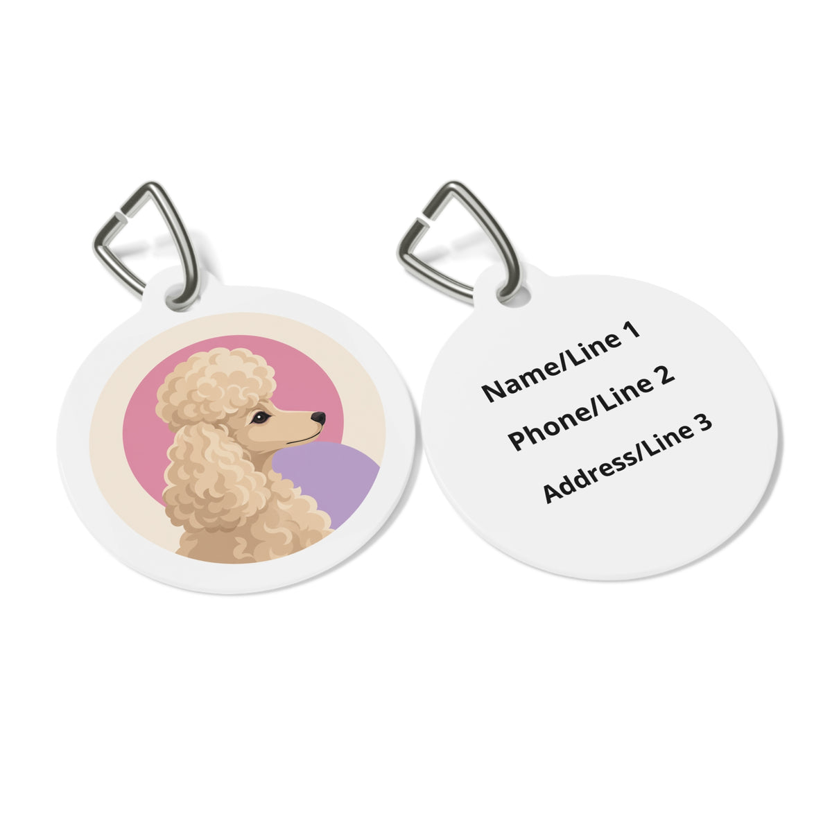 Close-up of Toy Poodle Pink Lilac Profile Cream artwork on personalized dog ID tag